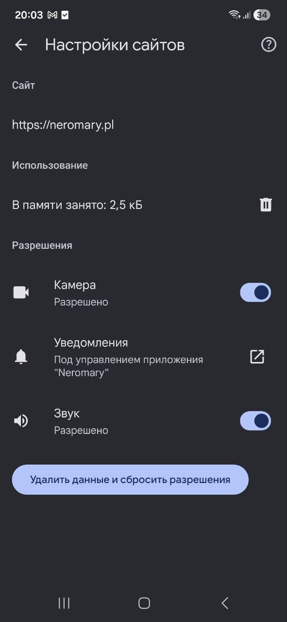The full 'Site settings' page in Chrome for neromary.pl