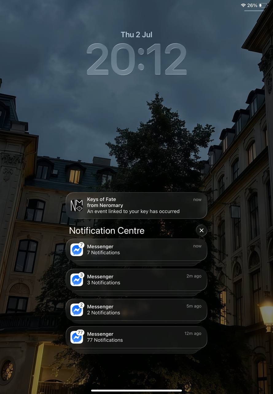 'Keys of Fate' push notification on the iPhone lock screen
