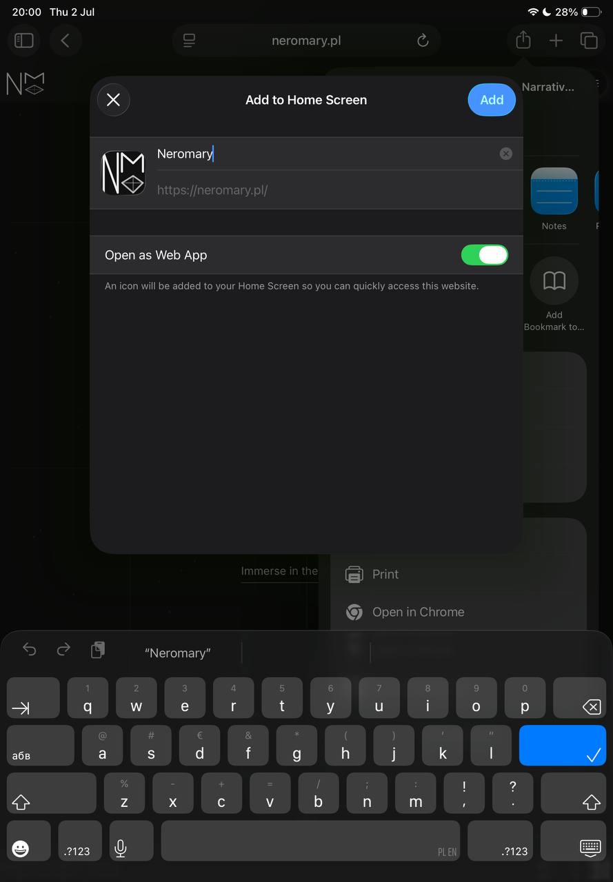 'Add to Home Screen' dialog with the 'Add' button