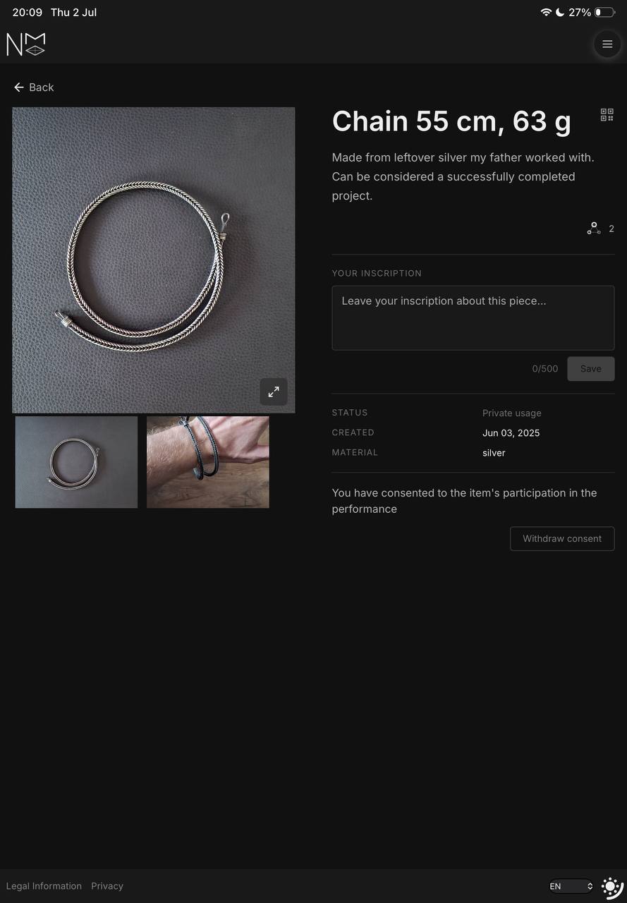 'Withdraw consent' button on the piece's page