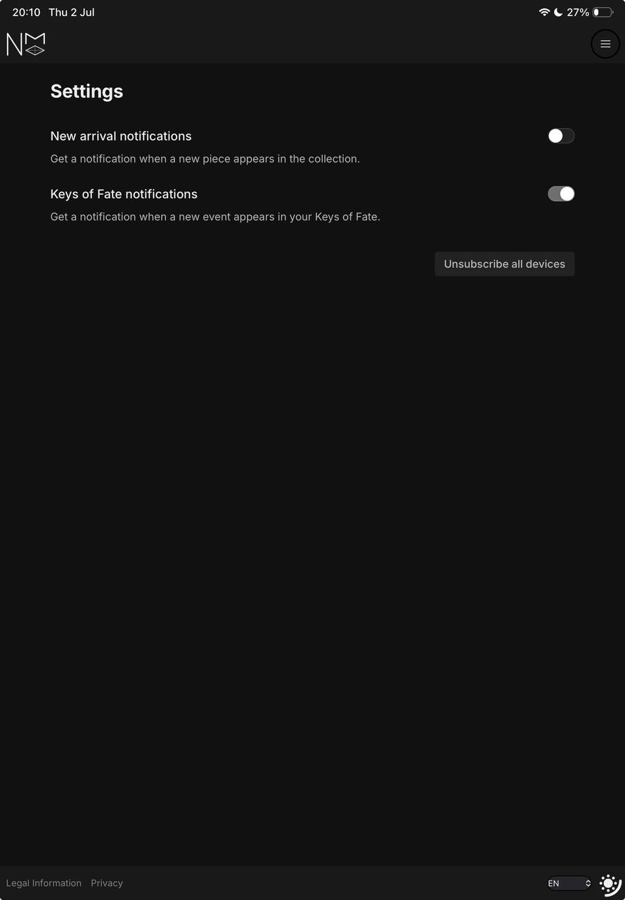 Settings page with the notification toggles